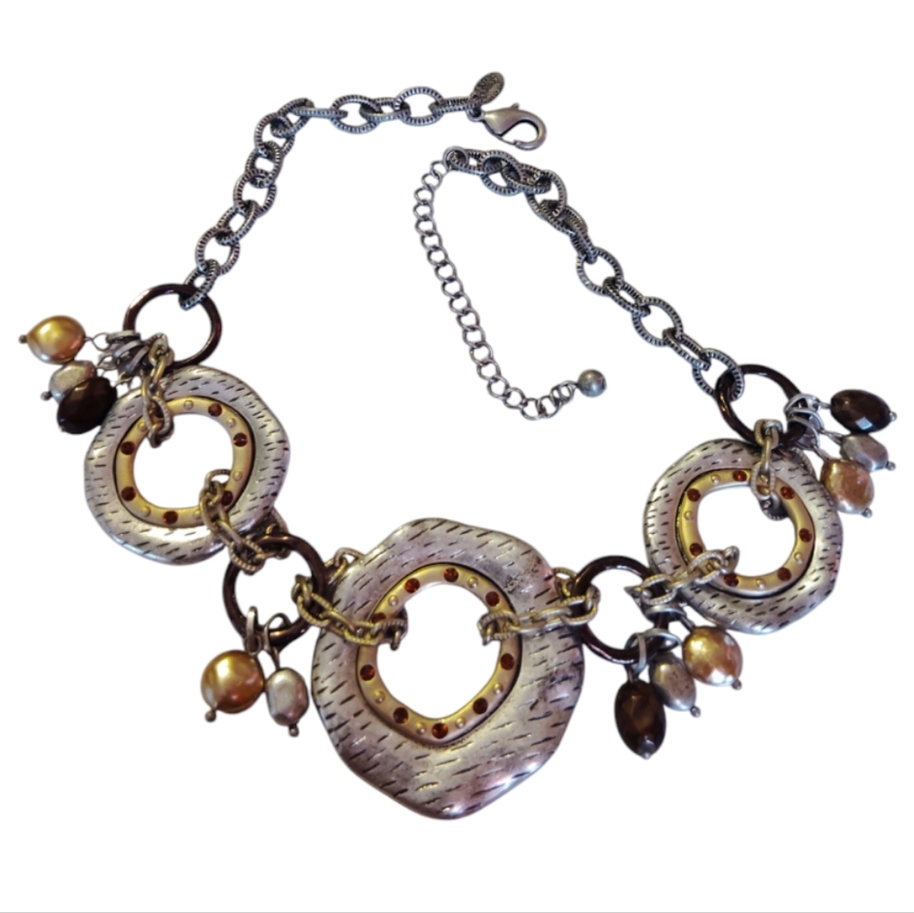 Laura Ashley Big & Chunky Multi Metal Tone Textured Cluster Rhinestone Necklace